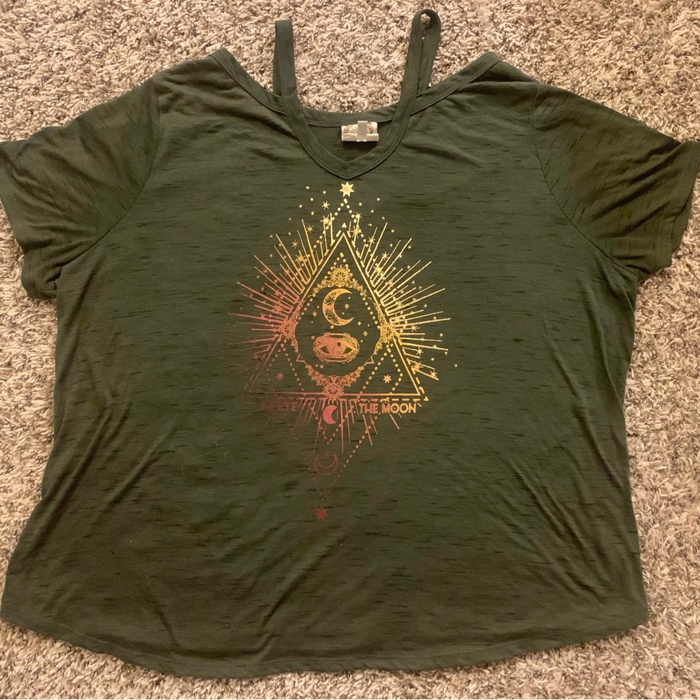 Womens Truself Spiritual All Seeing Eye Wiccan Shirt Sz 3XL Green Cold Shoulder